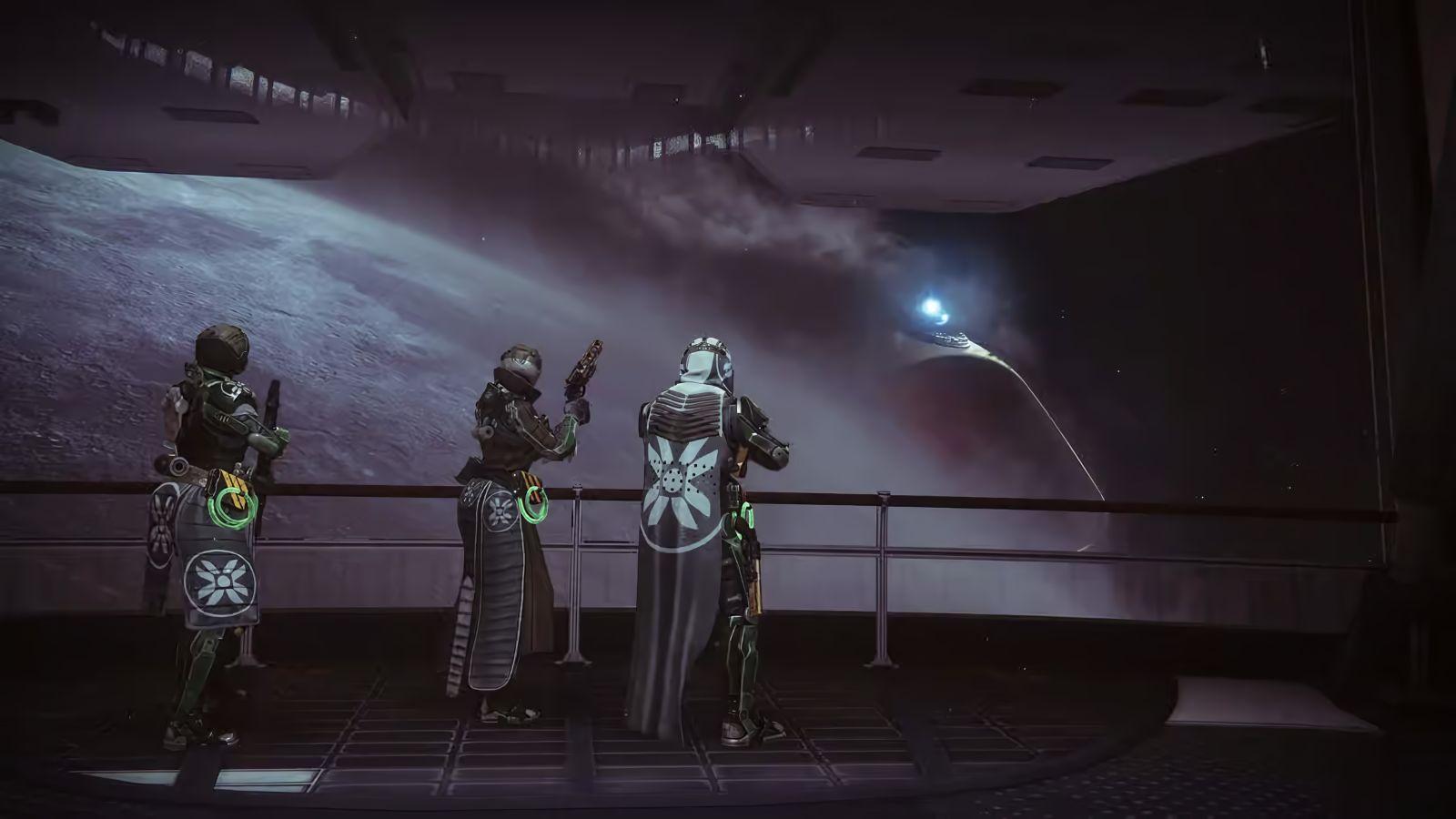 Destiny 2 Season of the Haunted key art showing Guardians watching the Leviathan